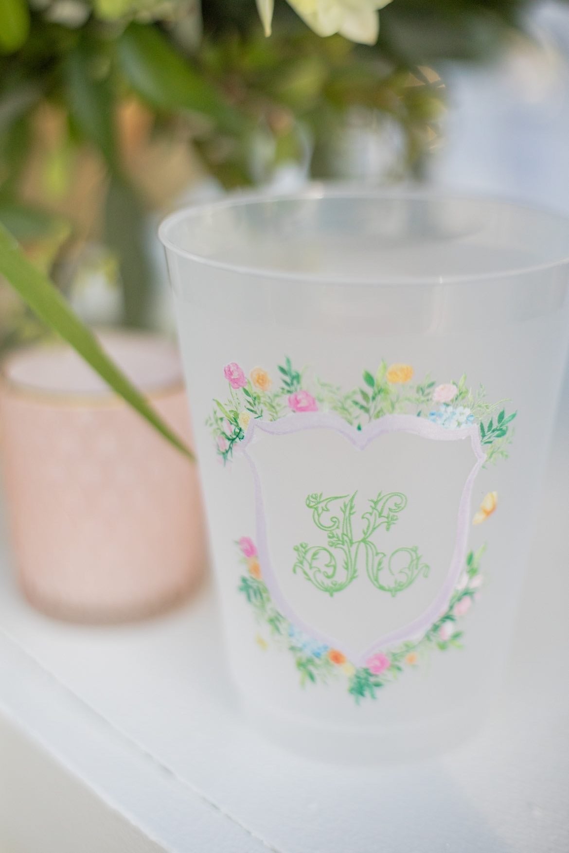 personalized colorful floral crest initial frosted flex cup