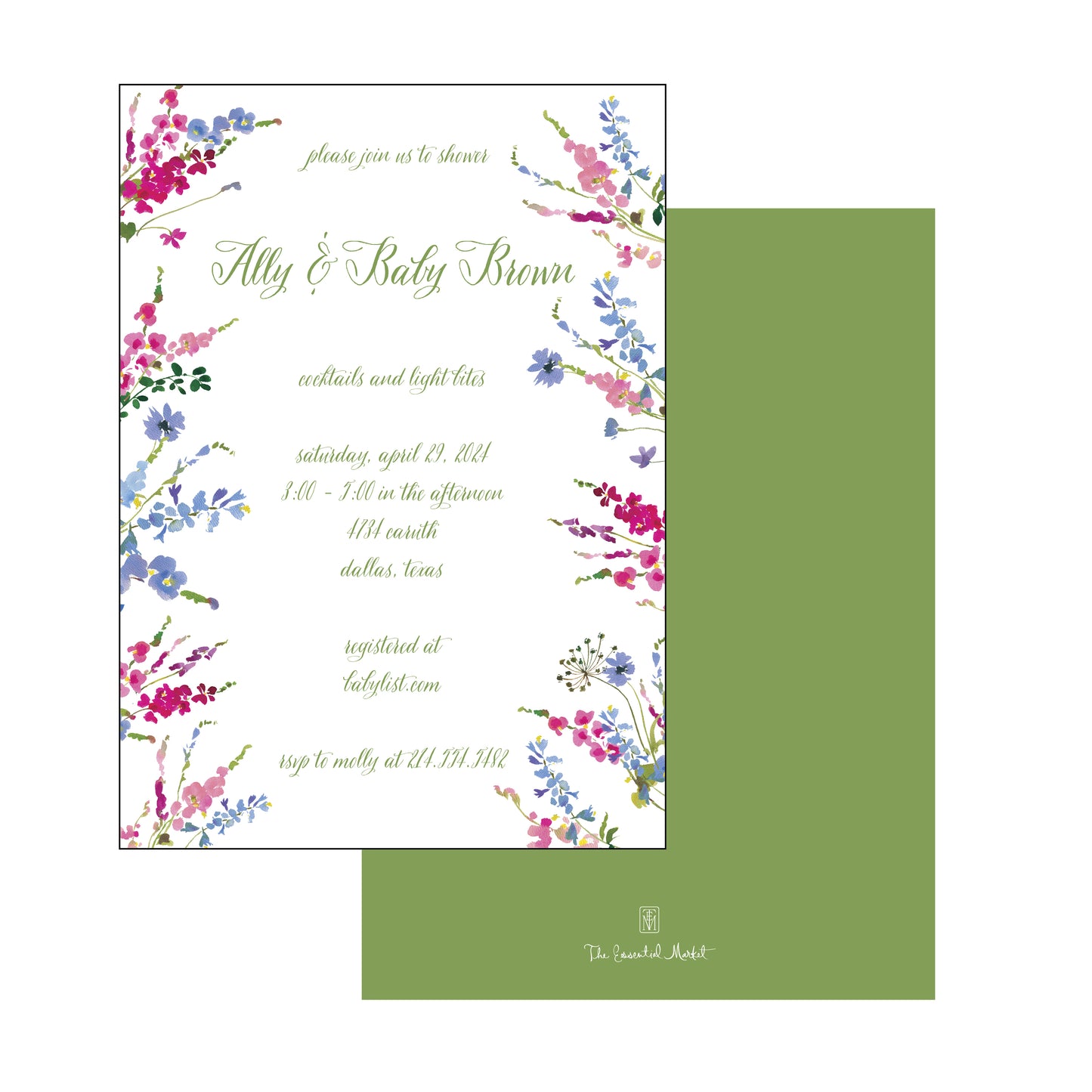 pink and blue bonnets | invitation | green