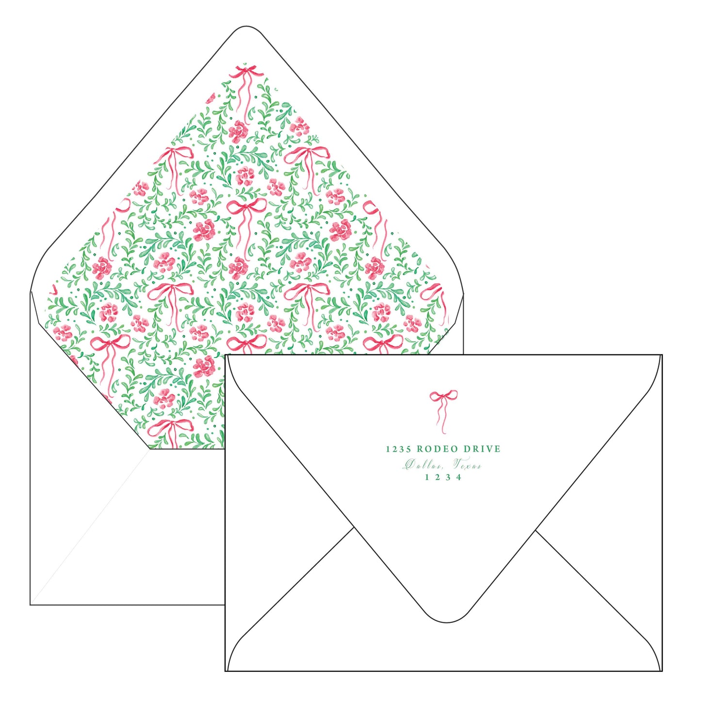 pink bow and poinsettia | holiday card | pearly gates designs