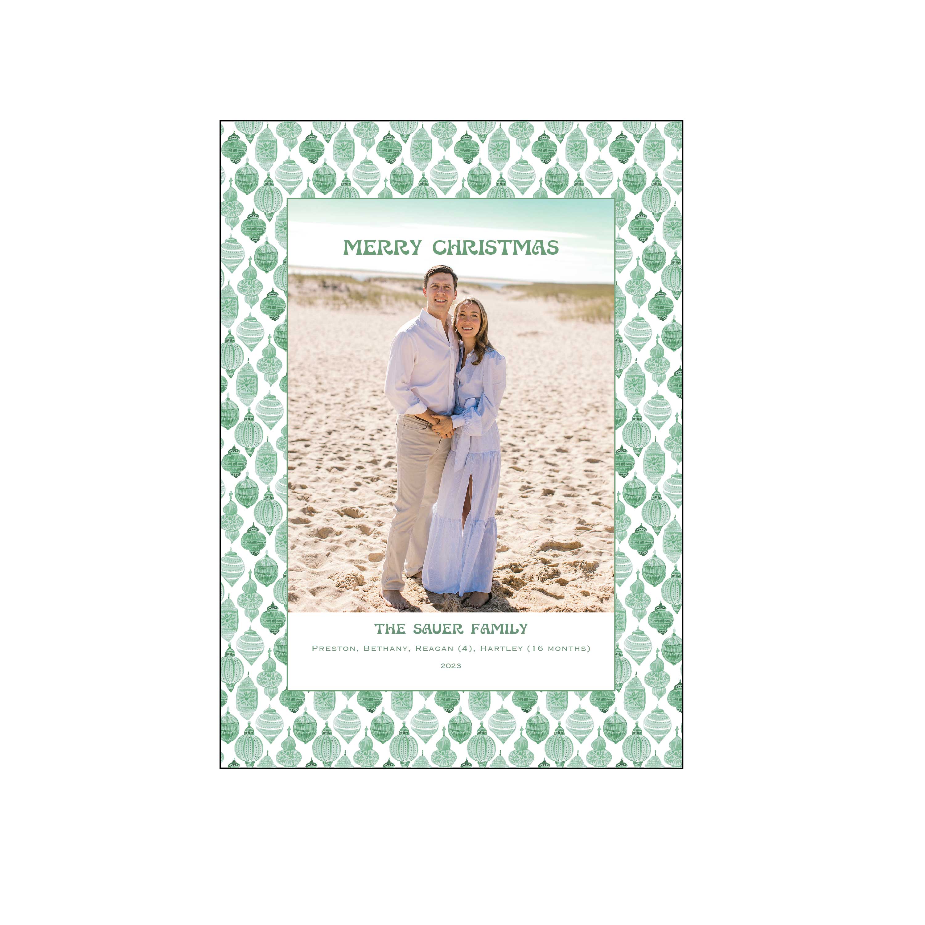green ornaments | holiday card | be sweet ink