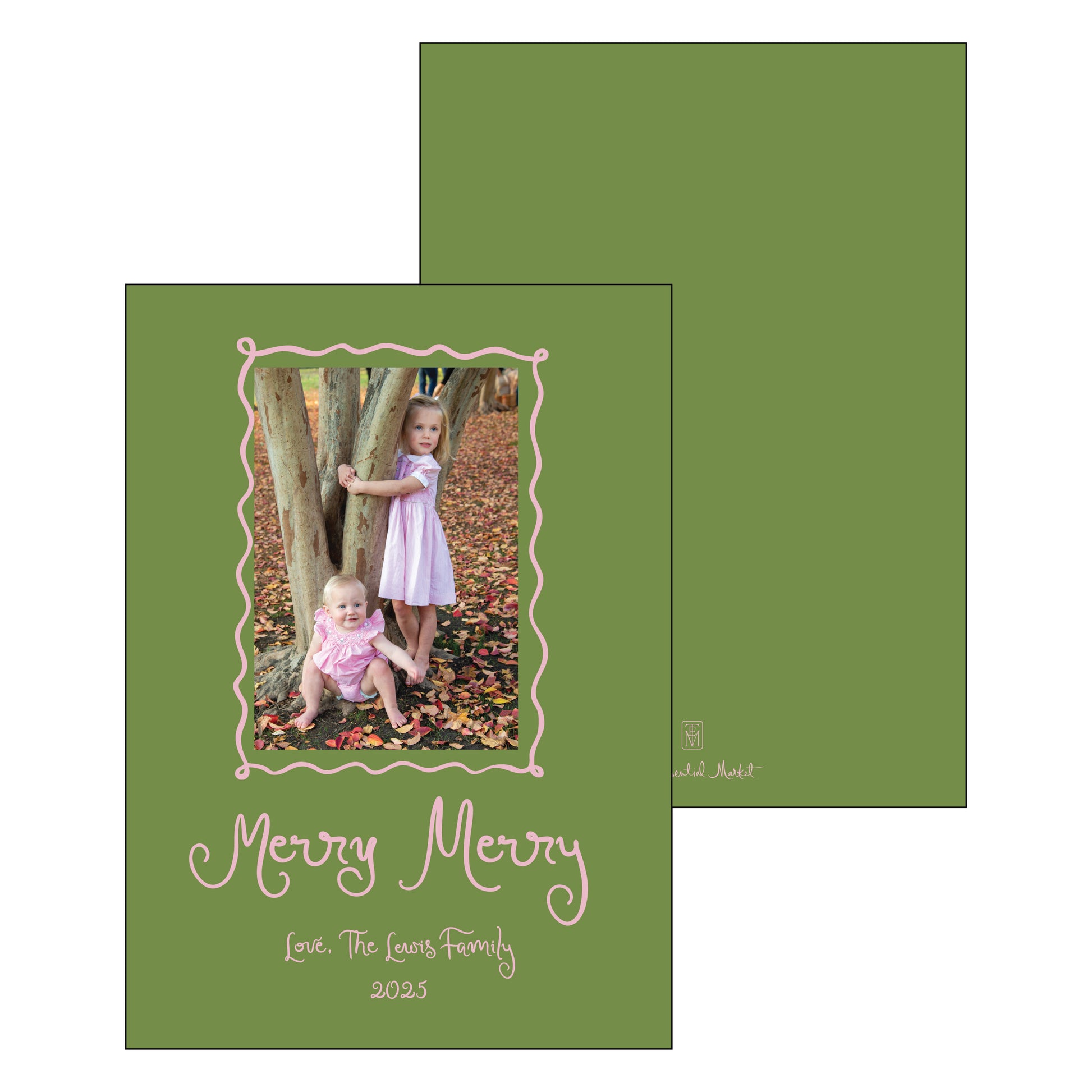 Green Christmas card with a photo of your choice and 'Merry Merry' text.