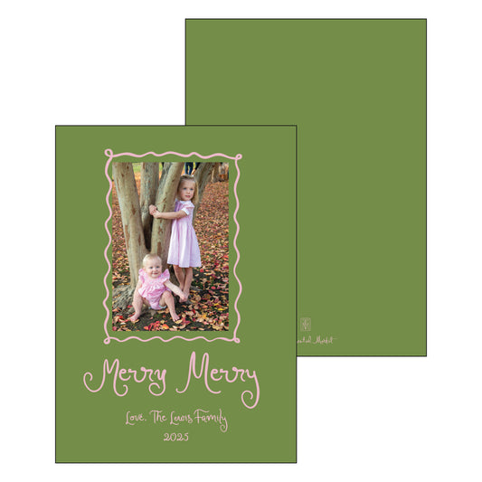 Green Christmas card with a photo of your choice and 'Merry Merry' text.