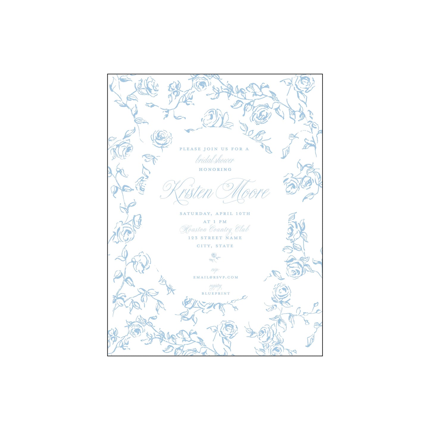 blue and white floral bridal shower | invitation