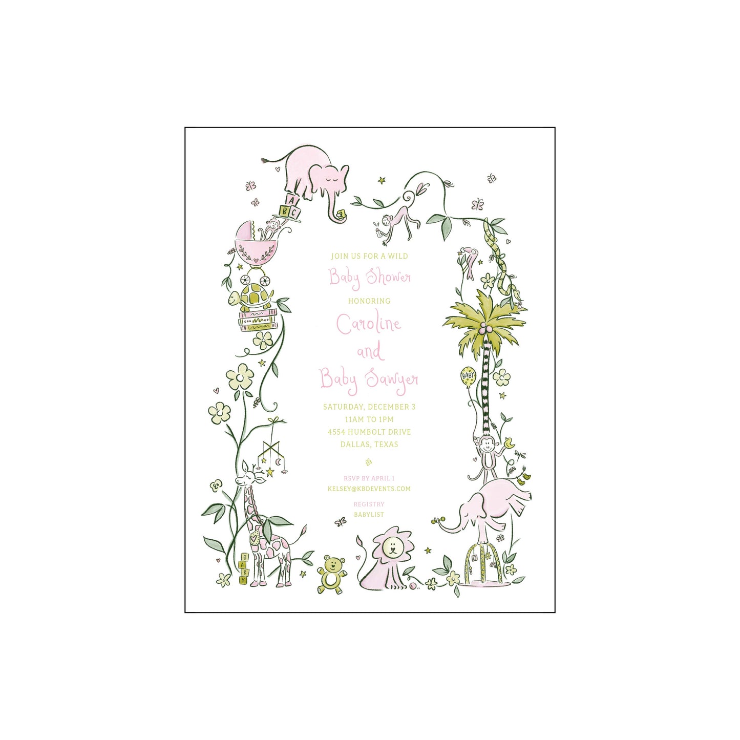 wild about baby | invitation | pink and green