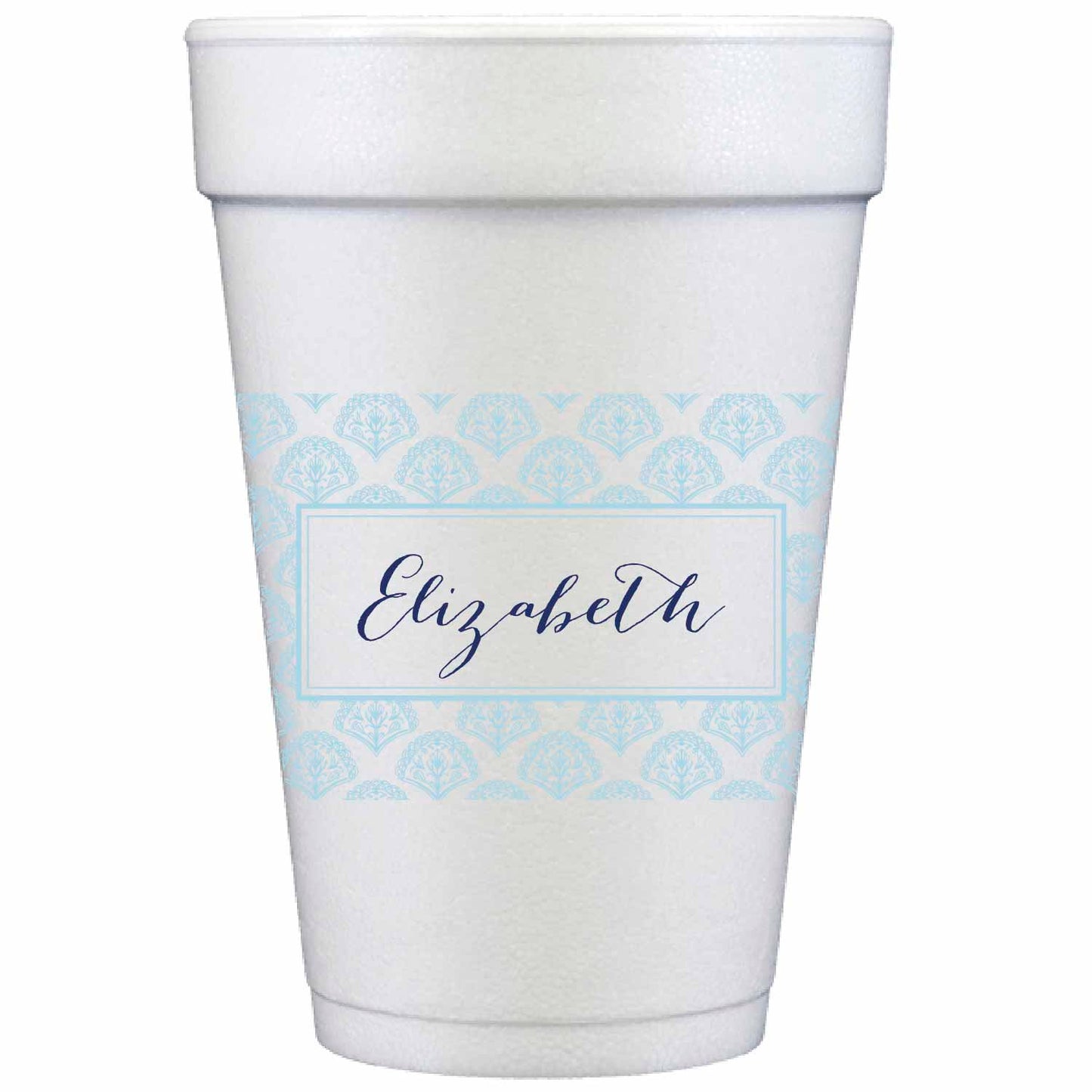 pale blue and white personalized styrofoam cup