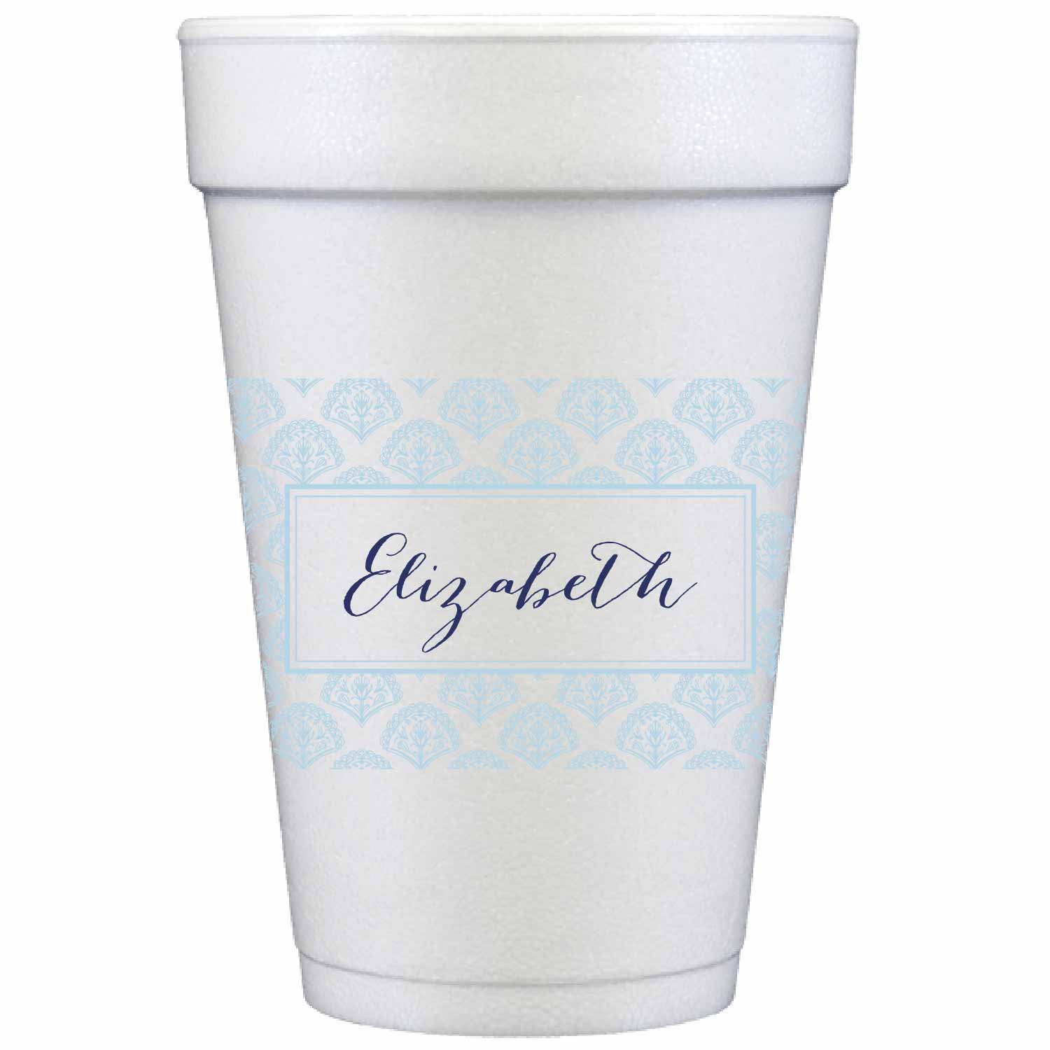 pale blue and white personalized styrofoam cup