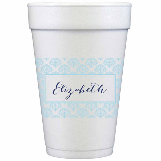 pale blue and white personalized styrofoam cup