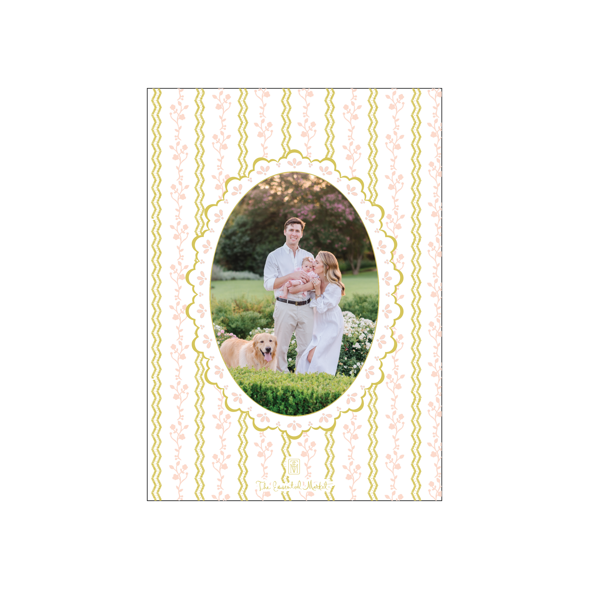Decorative holiday card with citrine and pink floral border and 'Merry Everything' text, featuring a family photo.