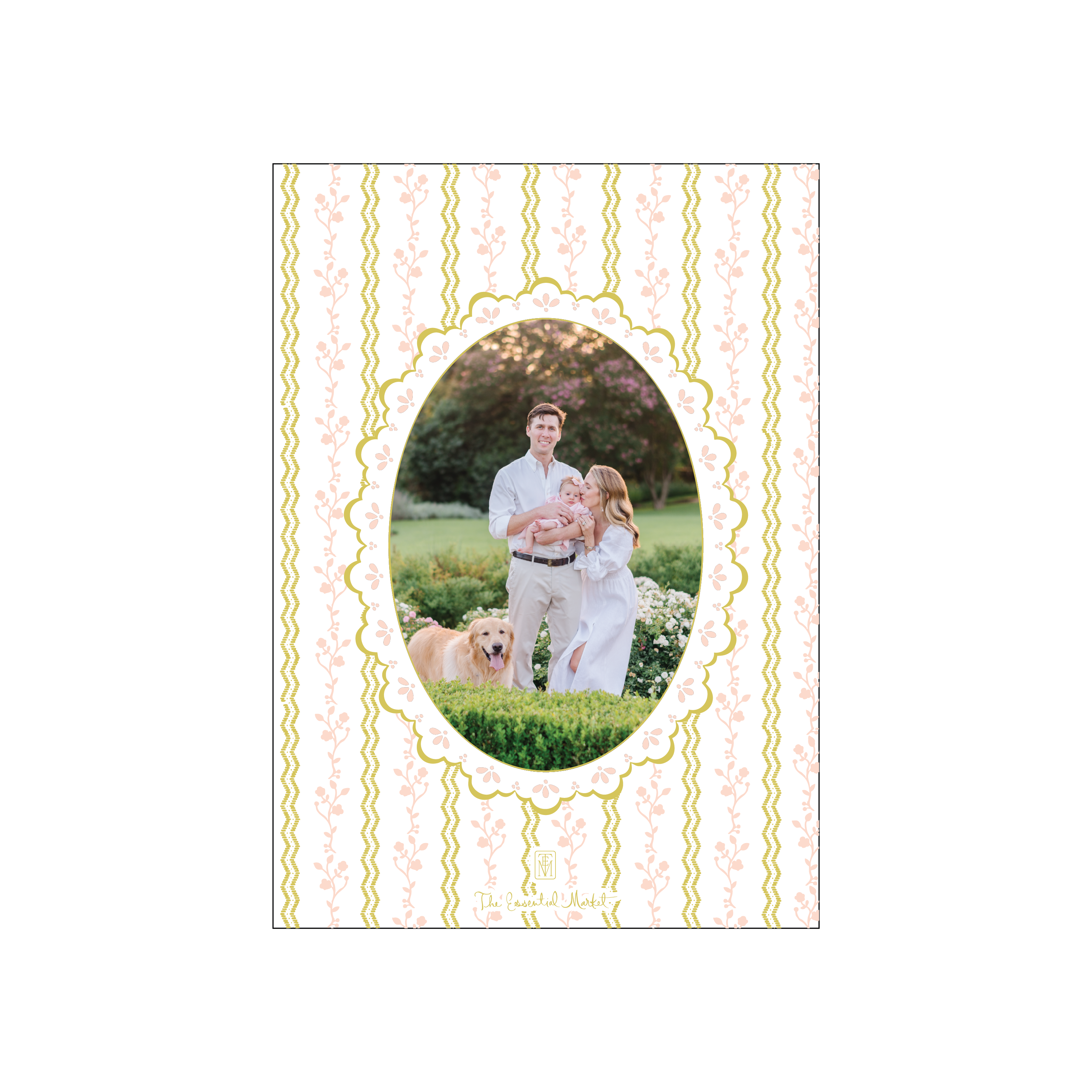 Decorative holiday card with citrine and pink floral border and 'Merry Everything' text, featuring a family photo.
