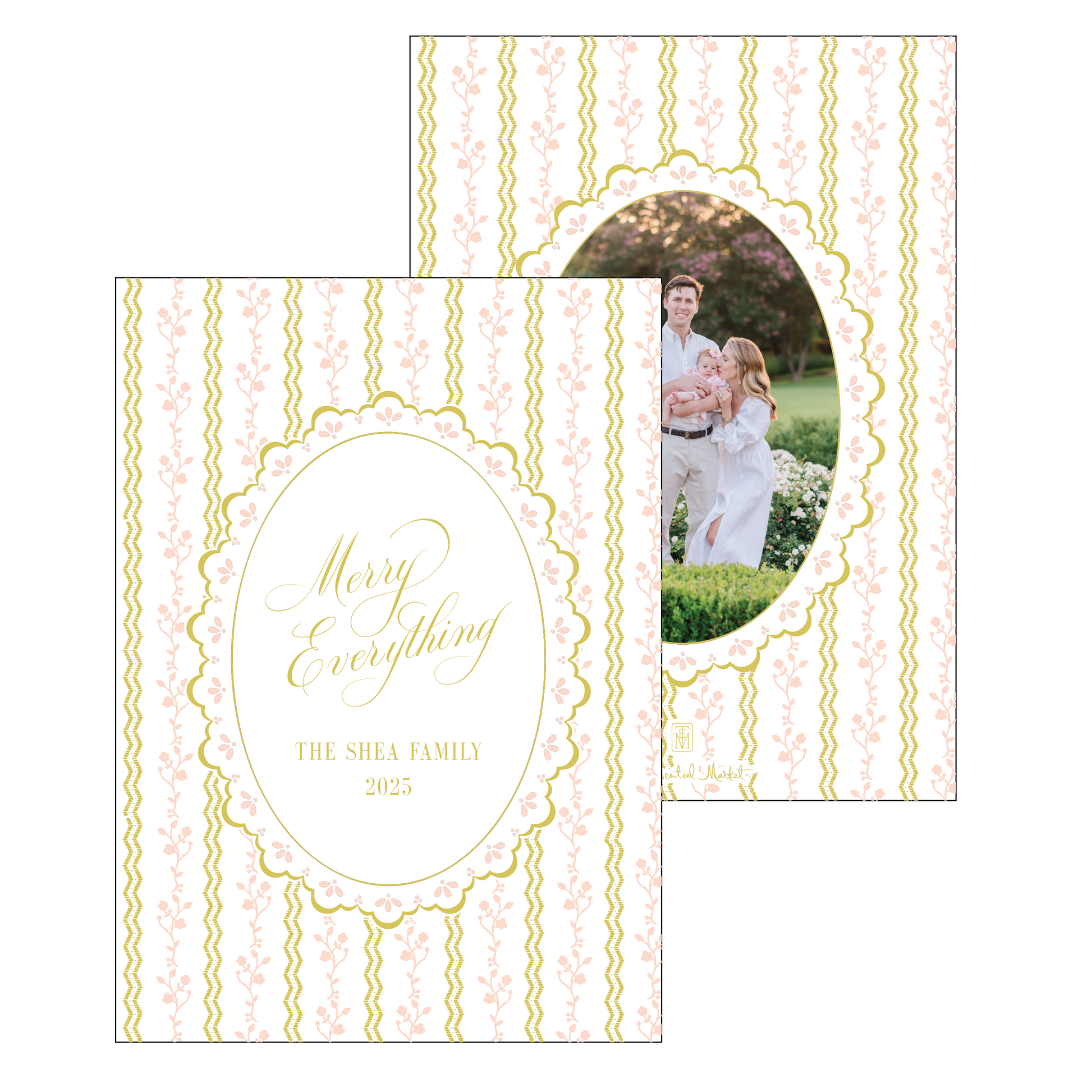 Decorative holiday card with citrine and pink floral border and 'Merry Everything' text, featuring a family photo.
