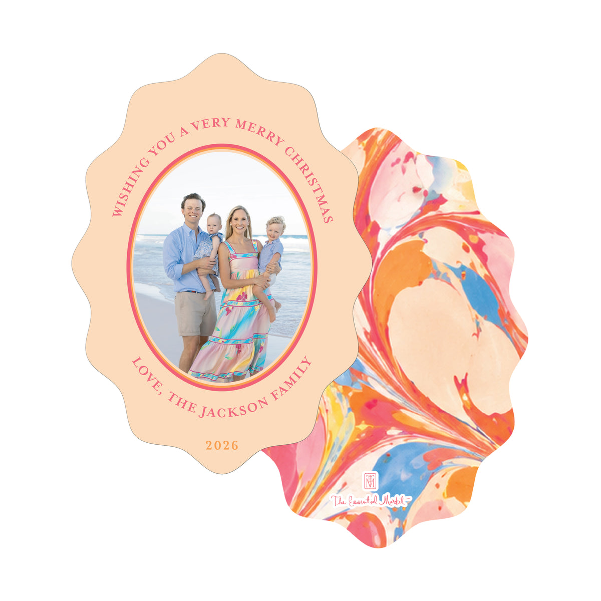 peachy marble scallop | holiday card | flat print | die-cut shape