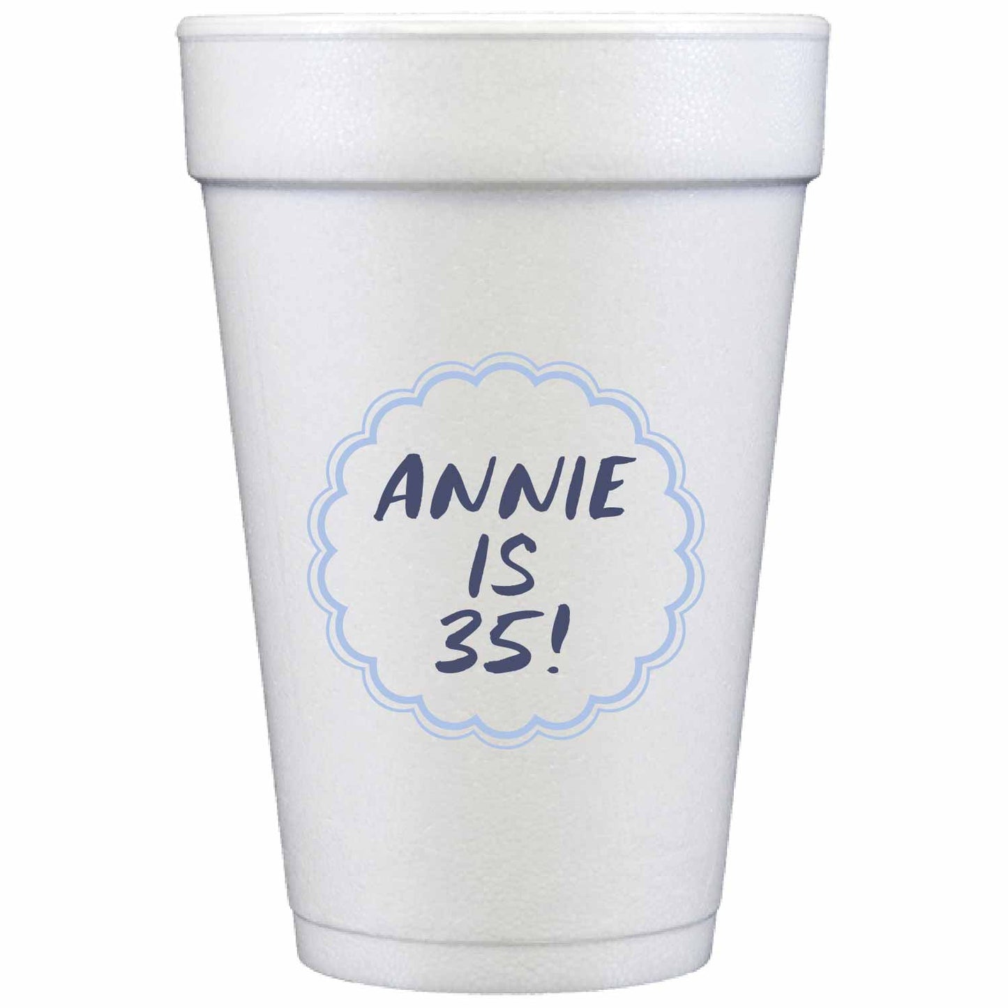 pale blue and white personalized styrofoam cup