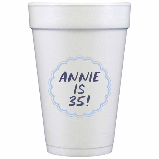 pale blue and white personalized styrofoam cup