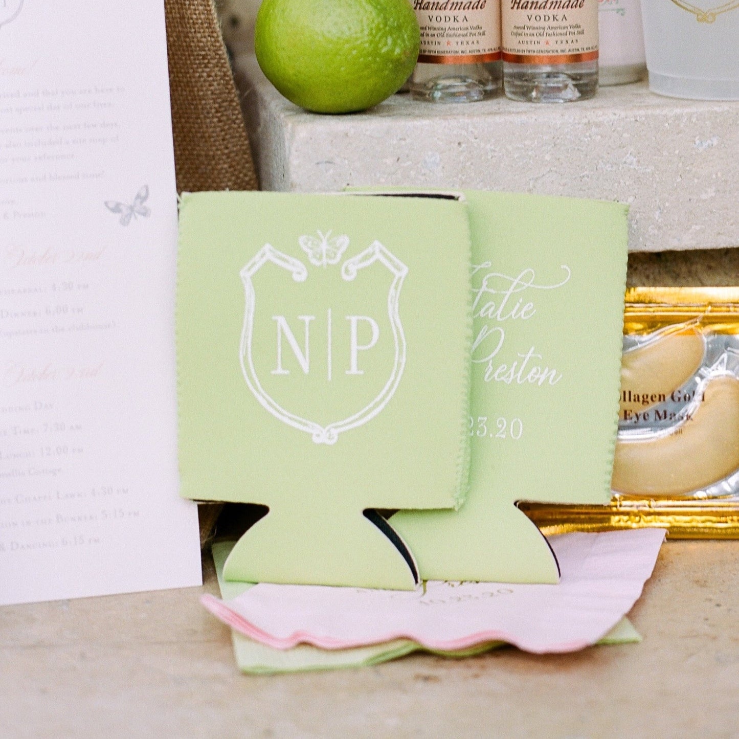 simple wedding crest koozie