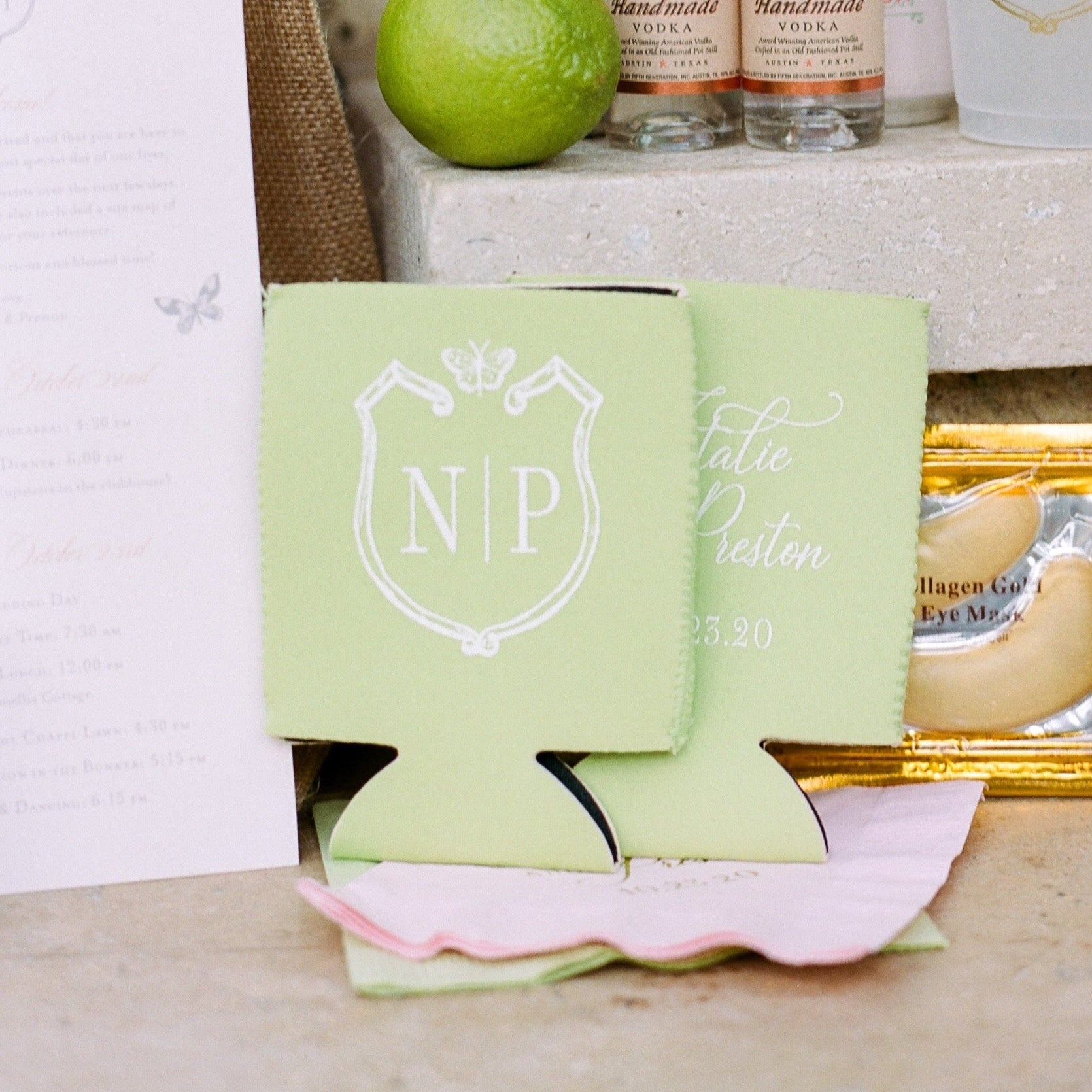 simple wedding crest koozie