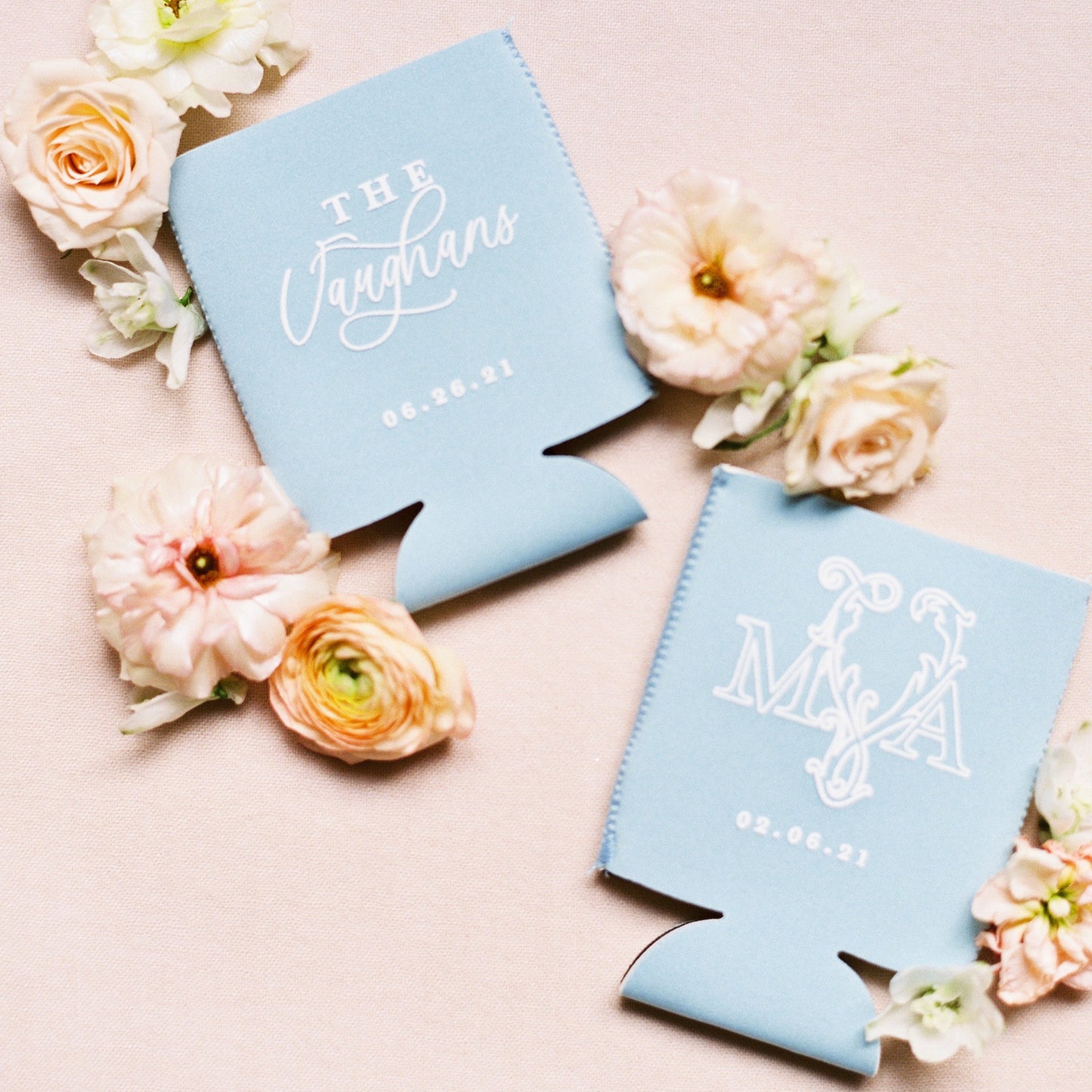 Light blue personalized wedding koozies