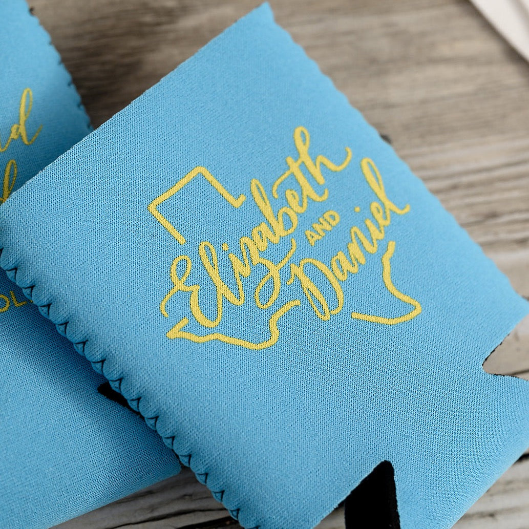 Texas outline with names can koozie