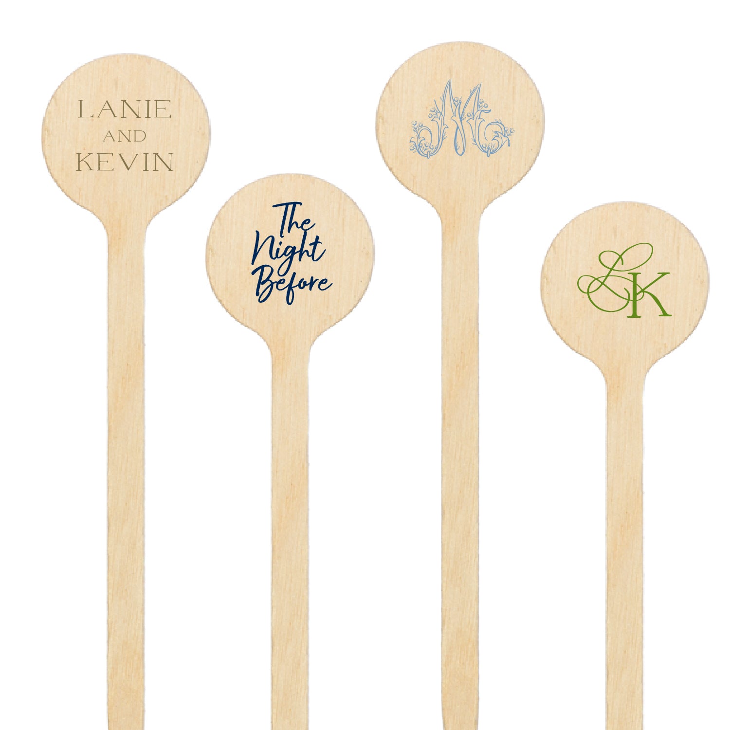 Personalized round wooden stir stick options