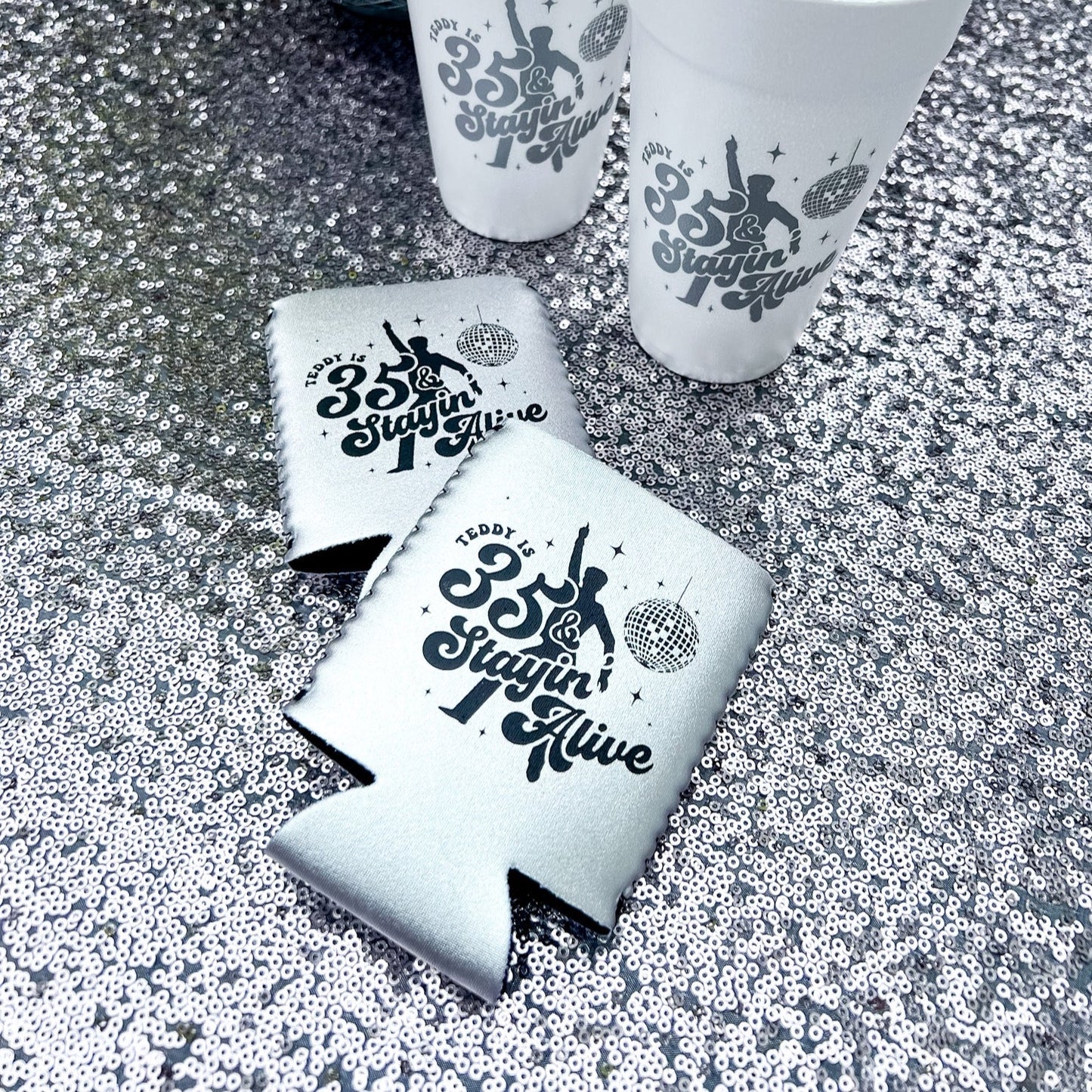 Personalized metallic disco can coolers