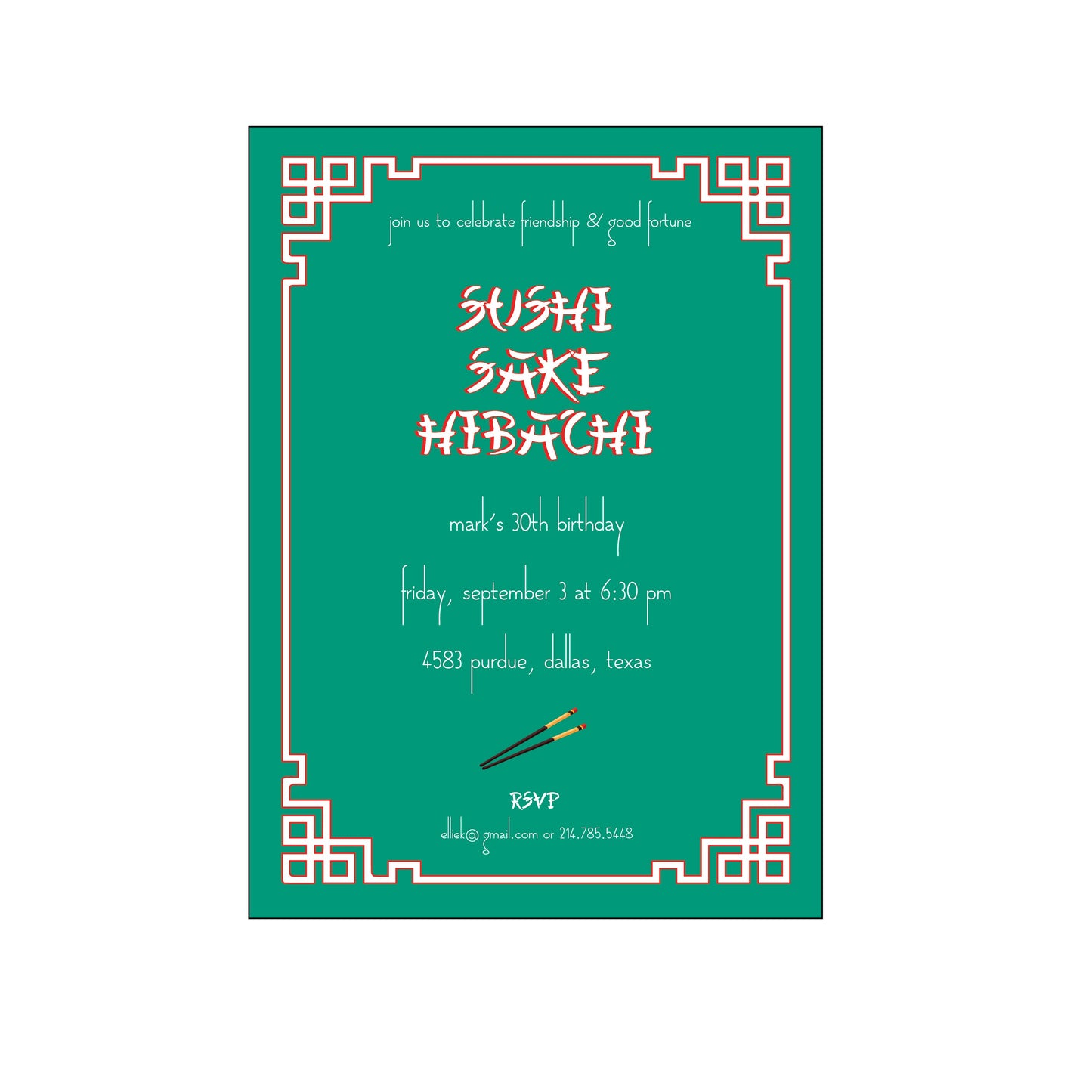 sushi, sake, hibachi green | invitation