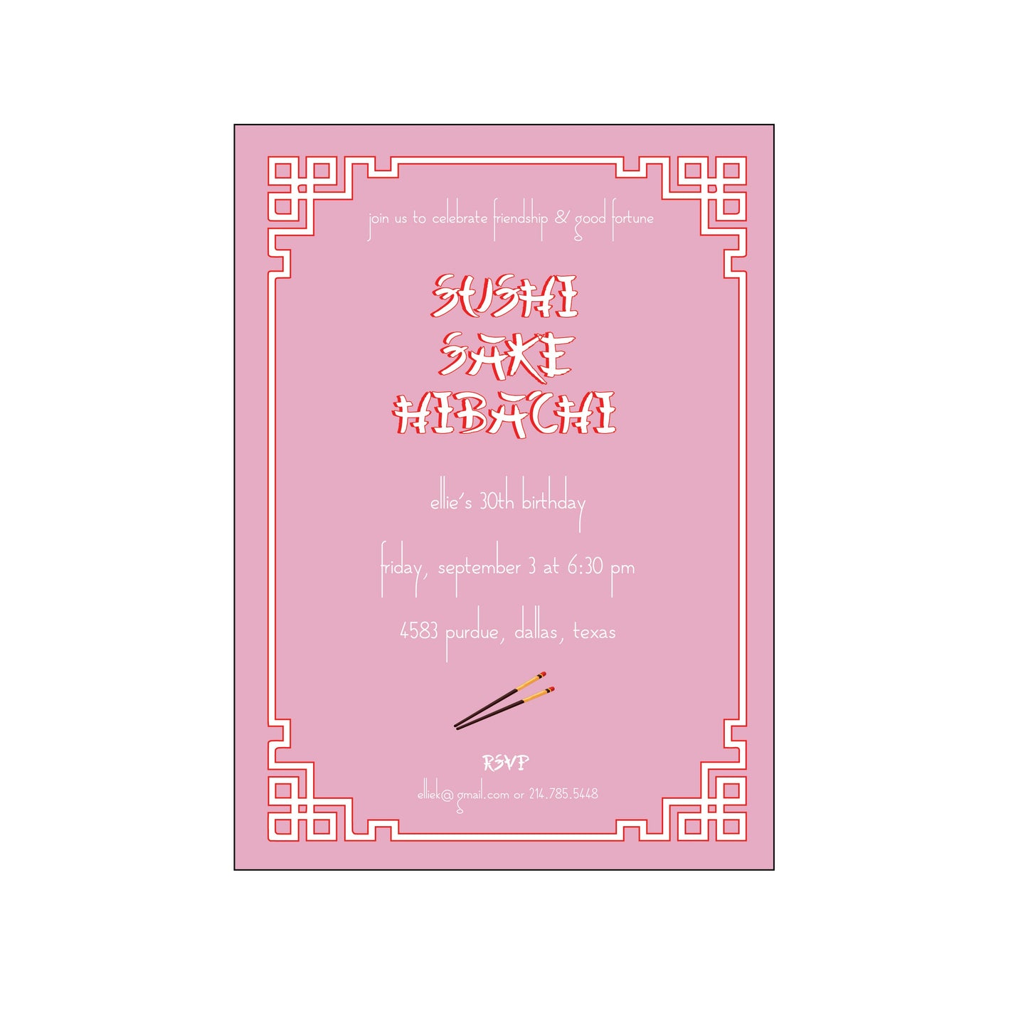 sushi, sake, hibachi pink | invitation