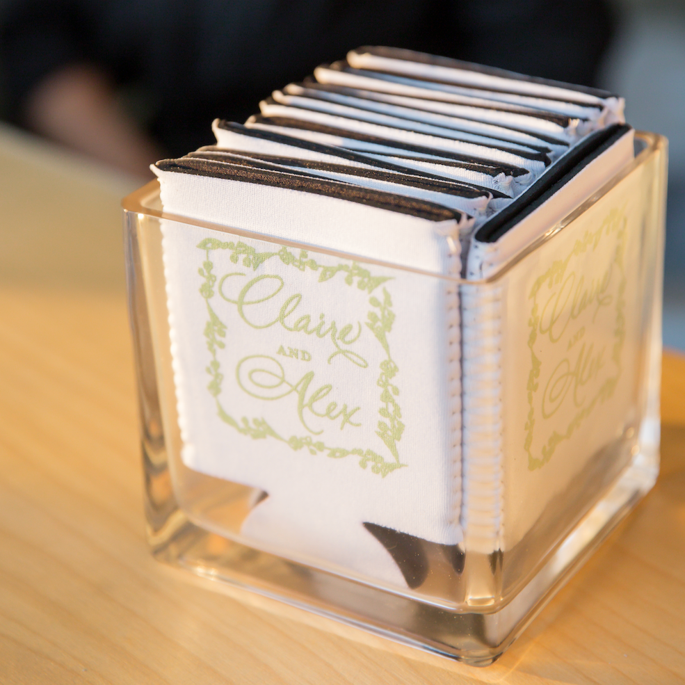 Pastel green text wedding koozies