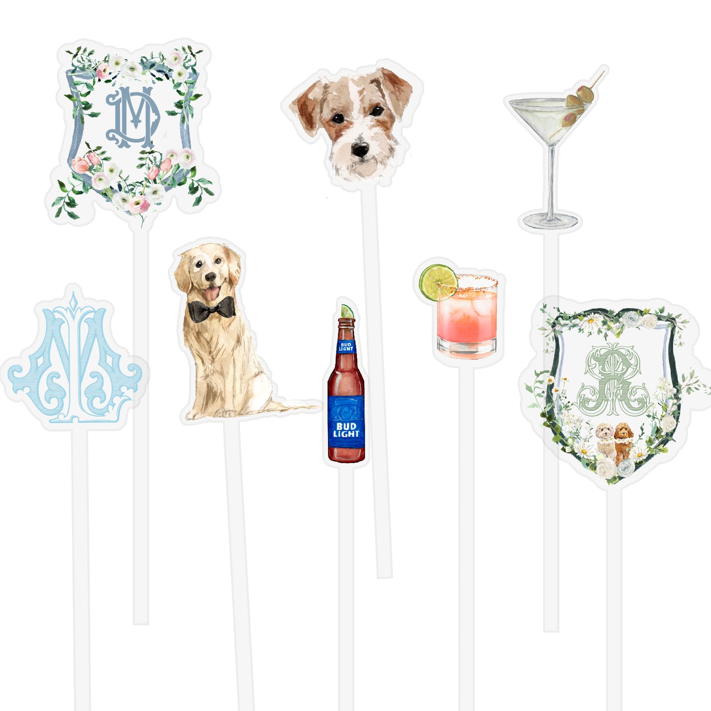 Personalized die-cut acrylic stir stick examples.