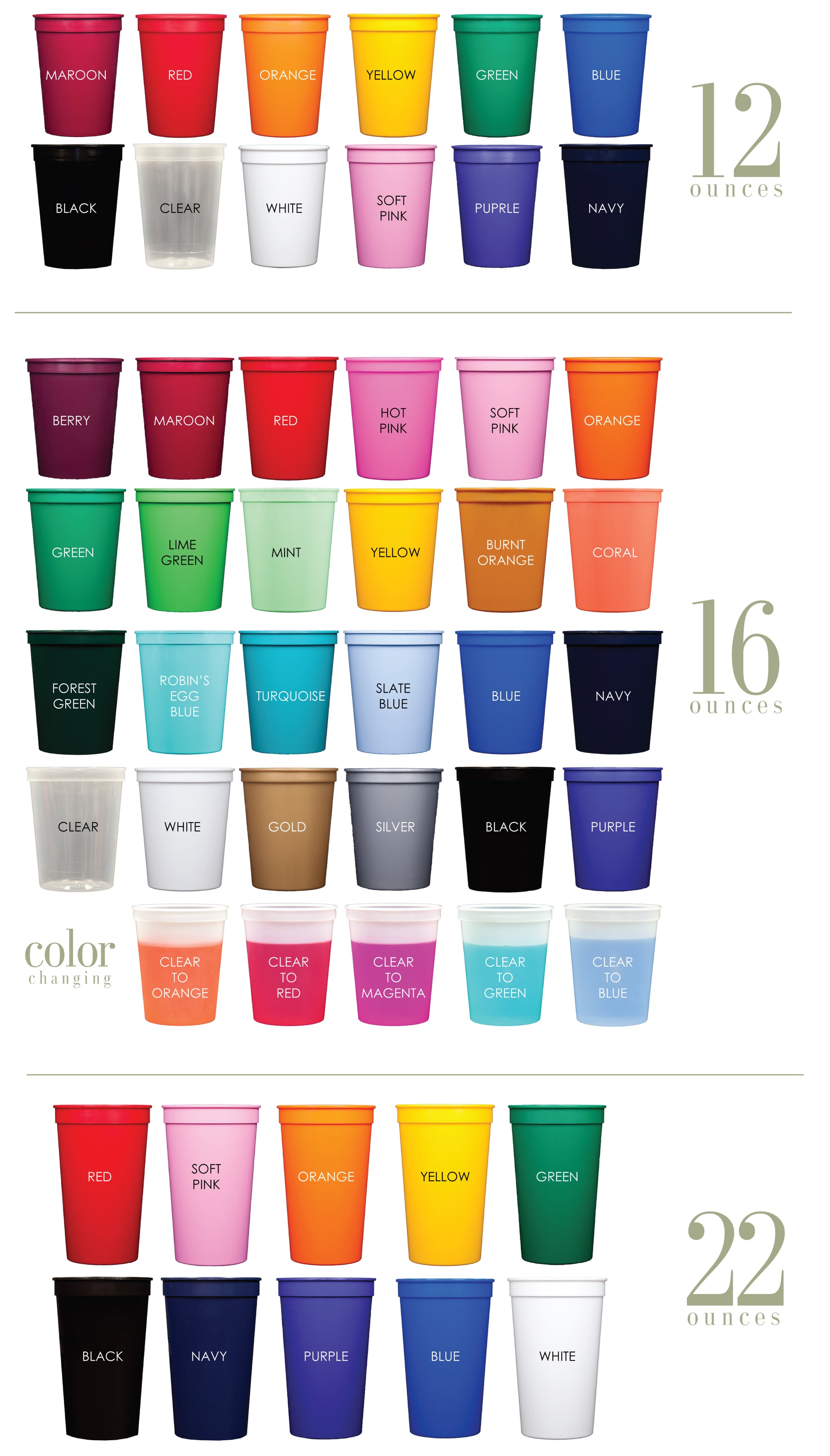 stadium cup ize and color options