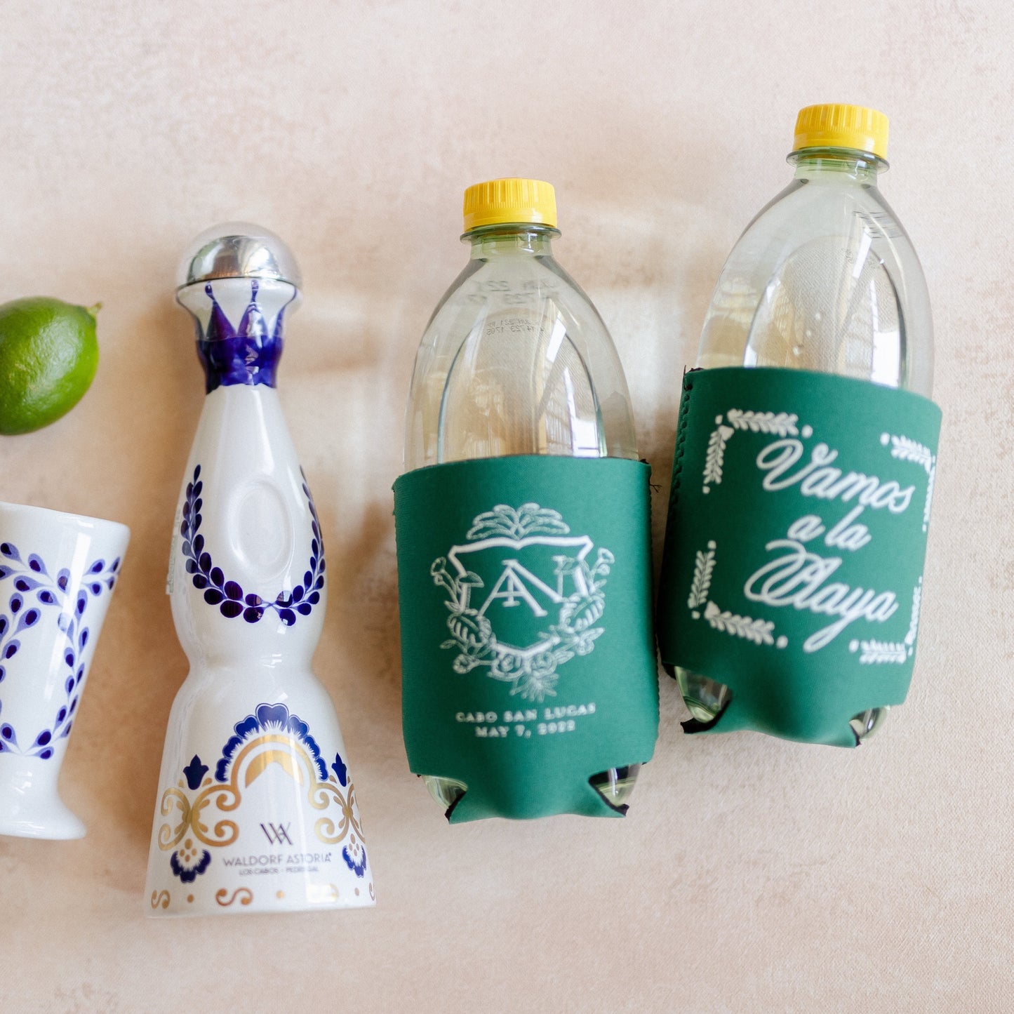 Tropical wedding crest koozie