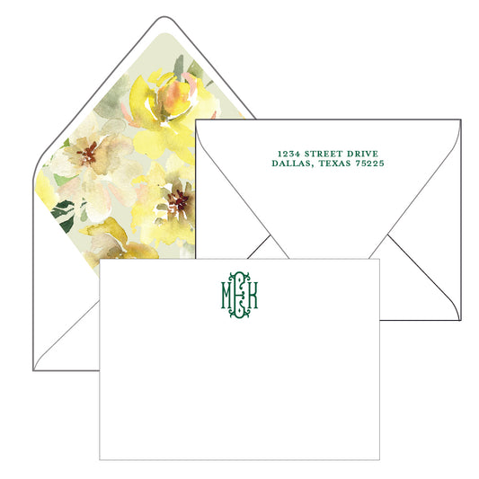 yellow florals and green monogram personalized stationery by the essential market