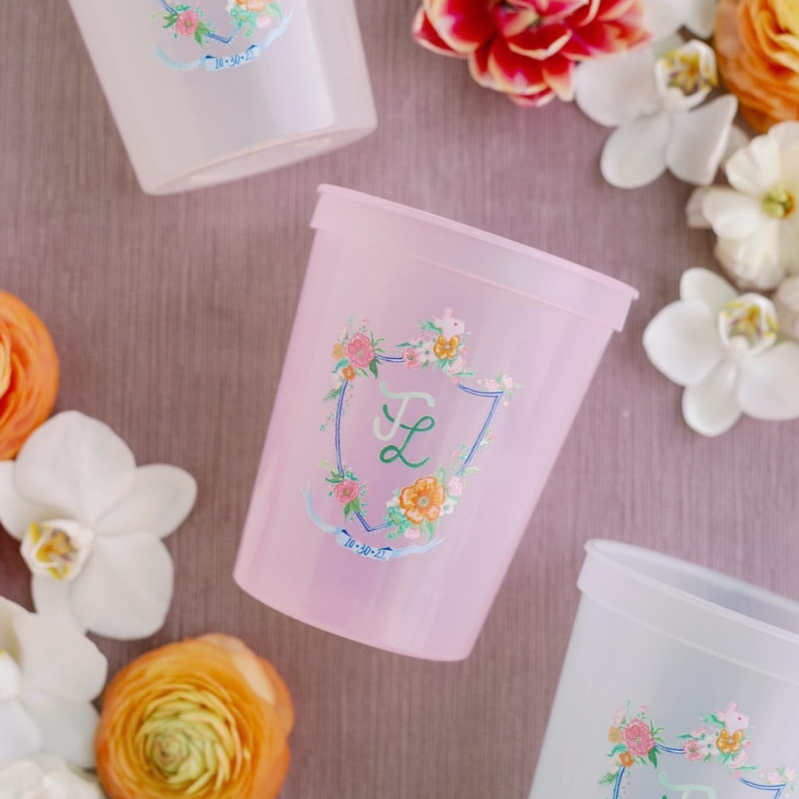 floral wedding crest on stadium cup