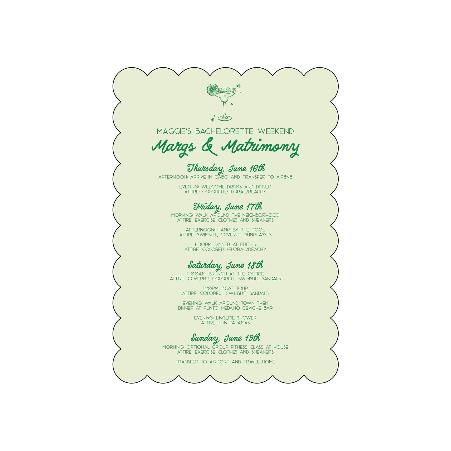 margs & matrimony | itinerary