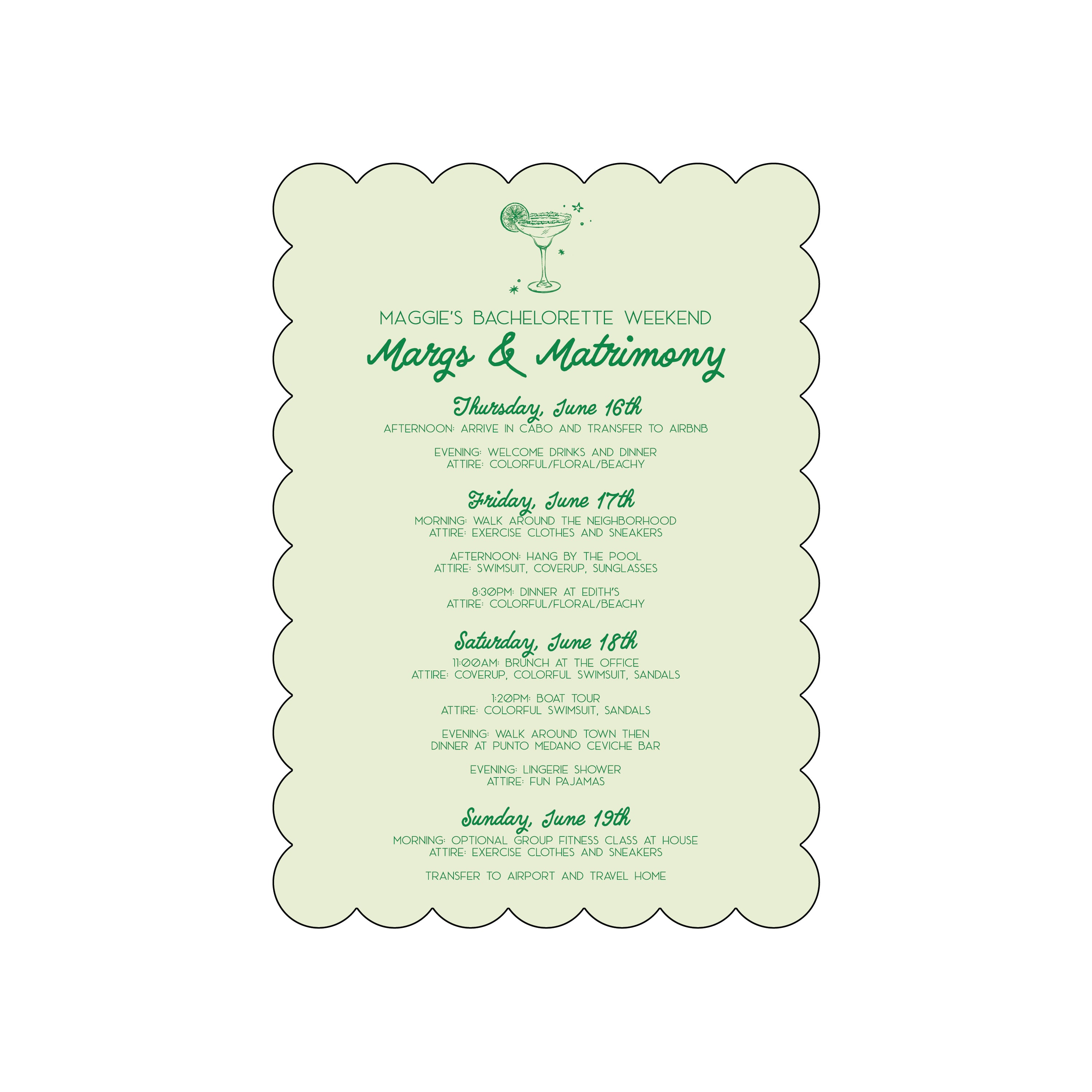 margs & matrimony | itinerary