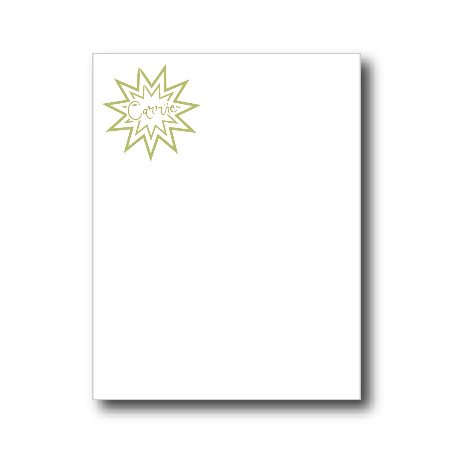 A white notepad with a star shape a that can be personalized with your name and choice of colors

