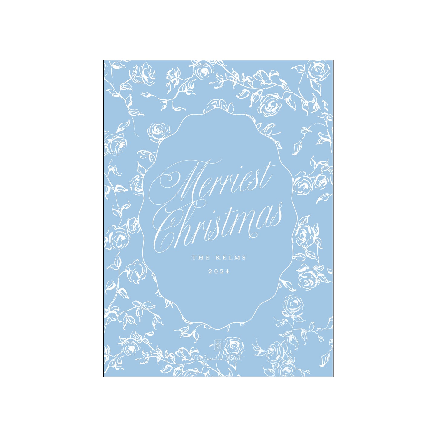 pretty blue floral christmas | holiday card | digital printed