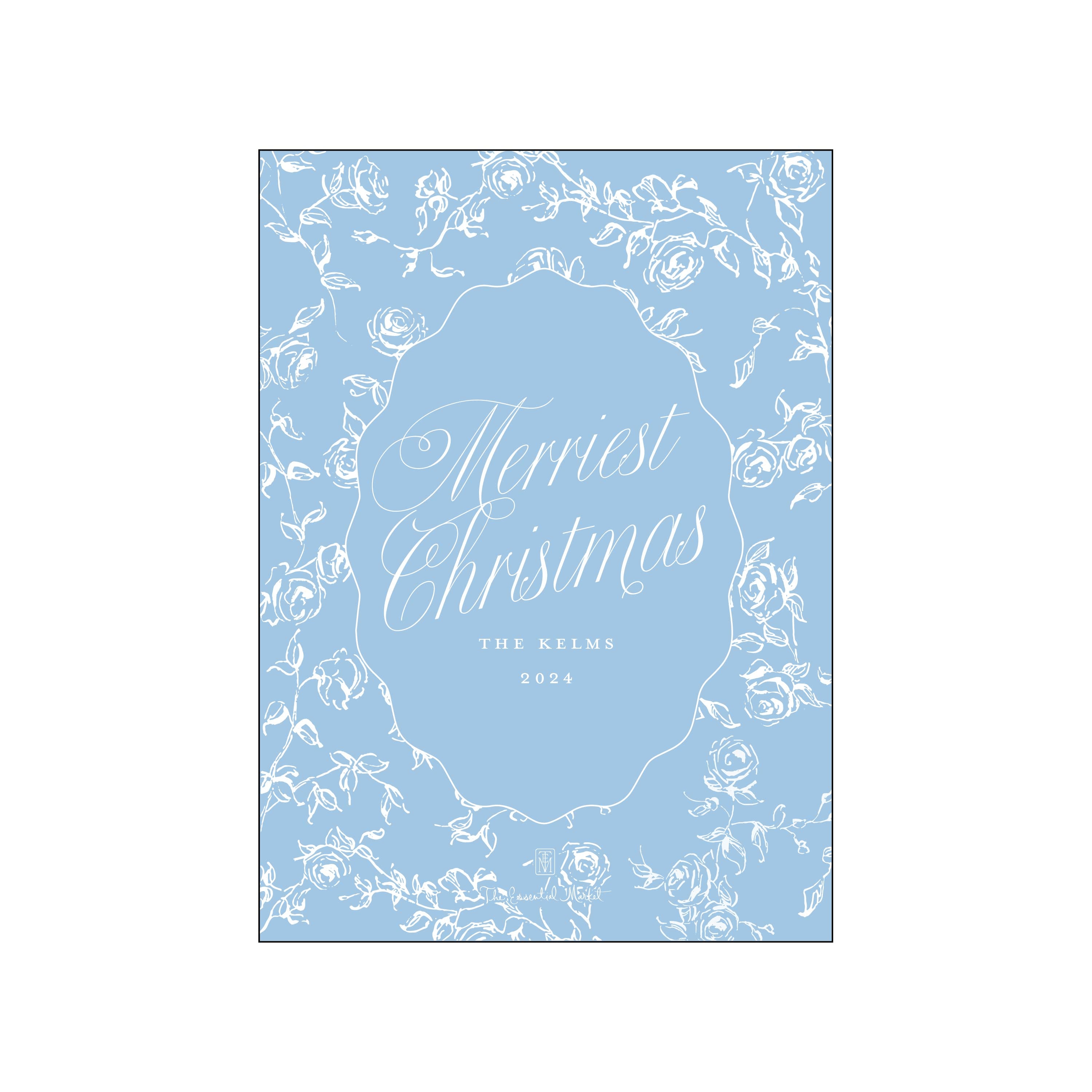 pretty blue floral christmas | holiday card | digital printed