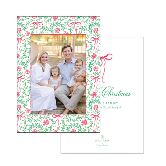 pink bow and poinsettia | holiday card | pearly gates designs