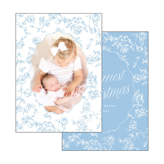 pretty blue floral christmas | holiday card | digital printed