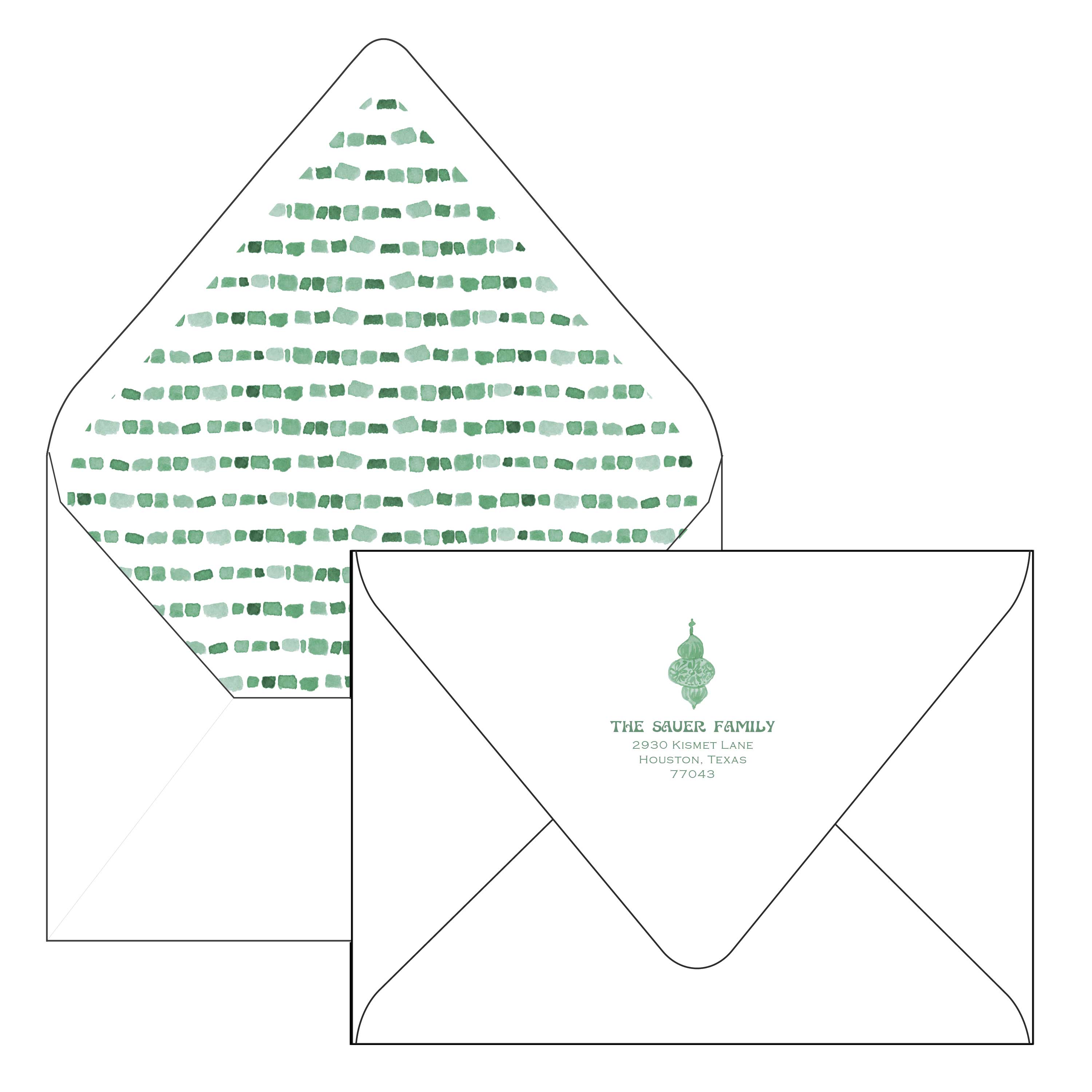 green ornaments | holiday card | be sweet ink