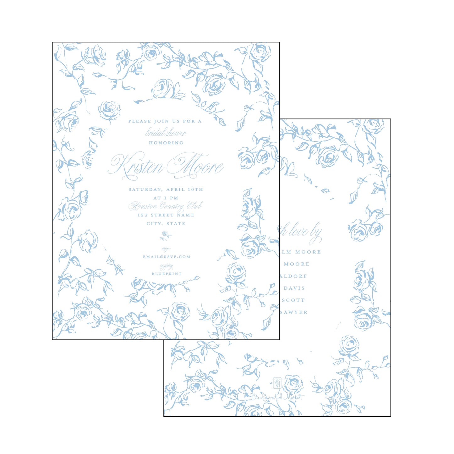 blue and white floral bridal shower | invitation