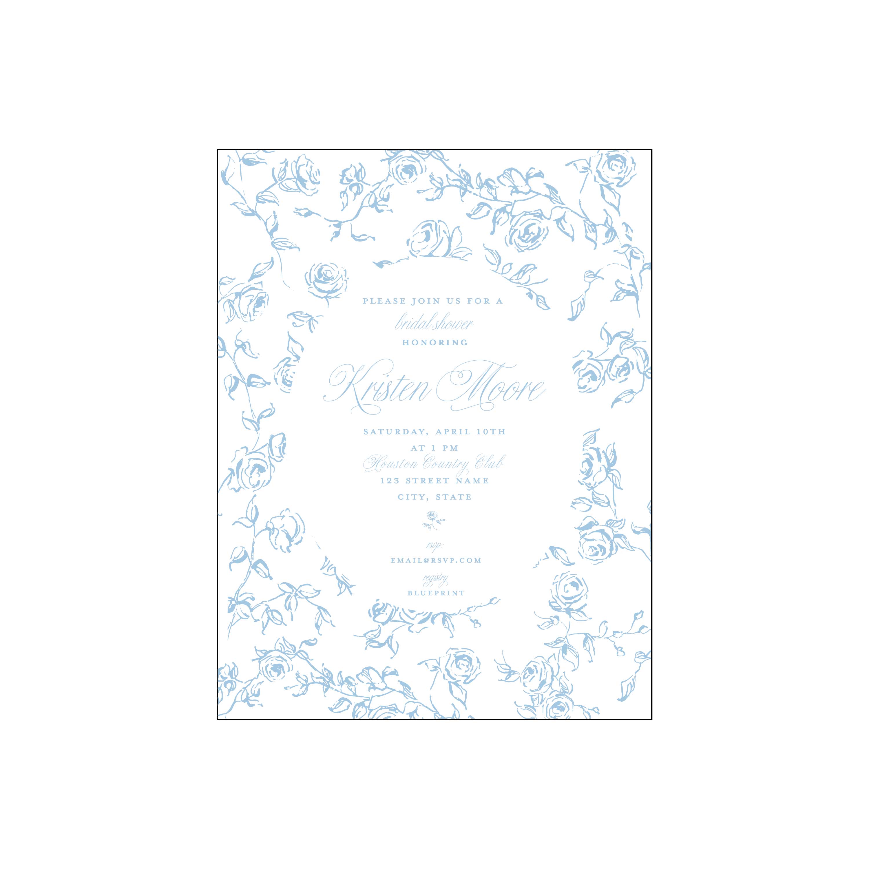 blue and white floral bridal shower | invitation