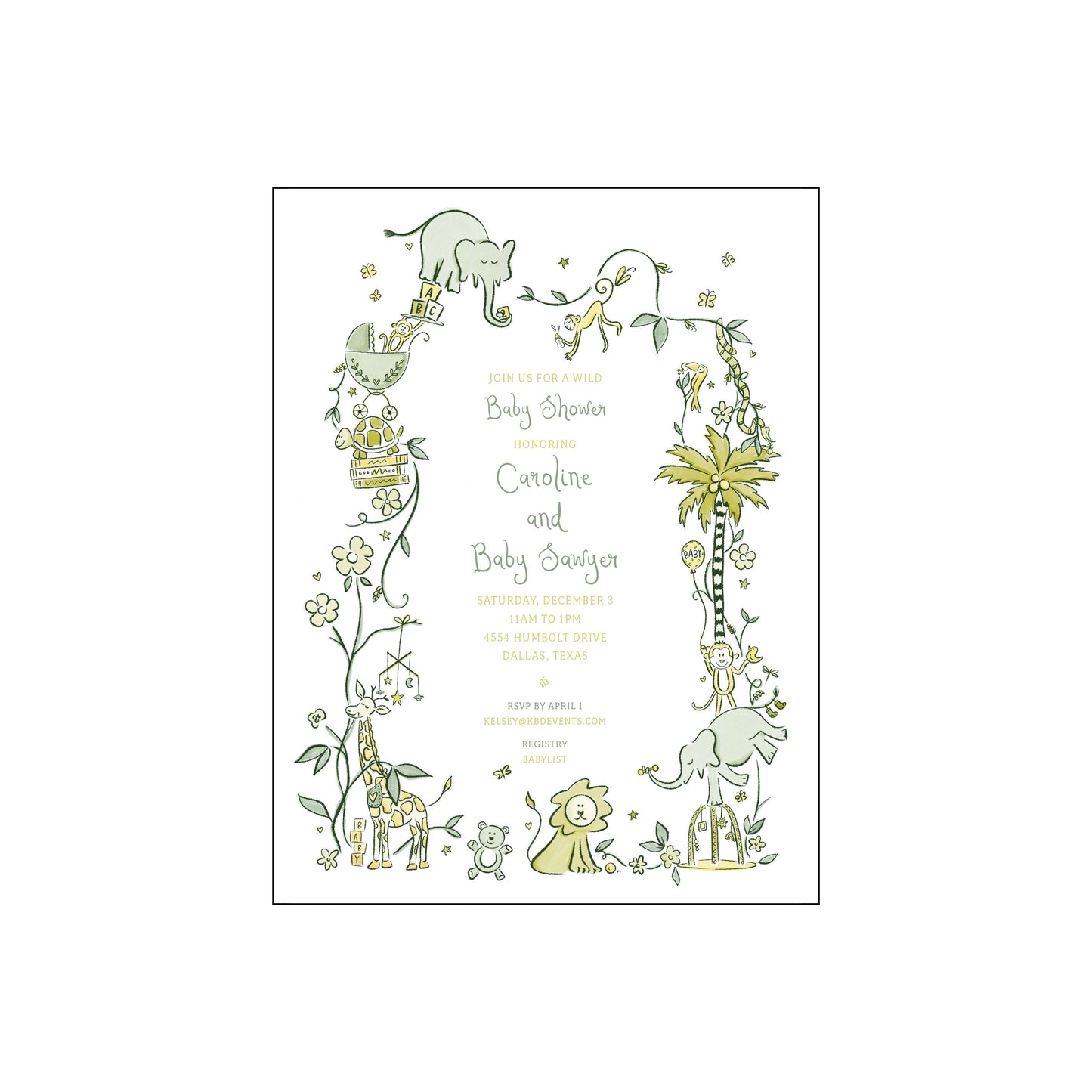 wild about baby | invitation | green and yellow