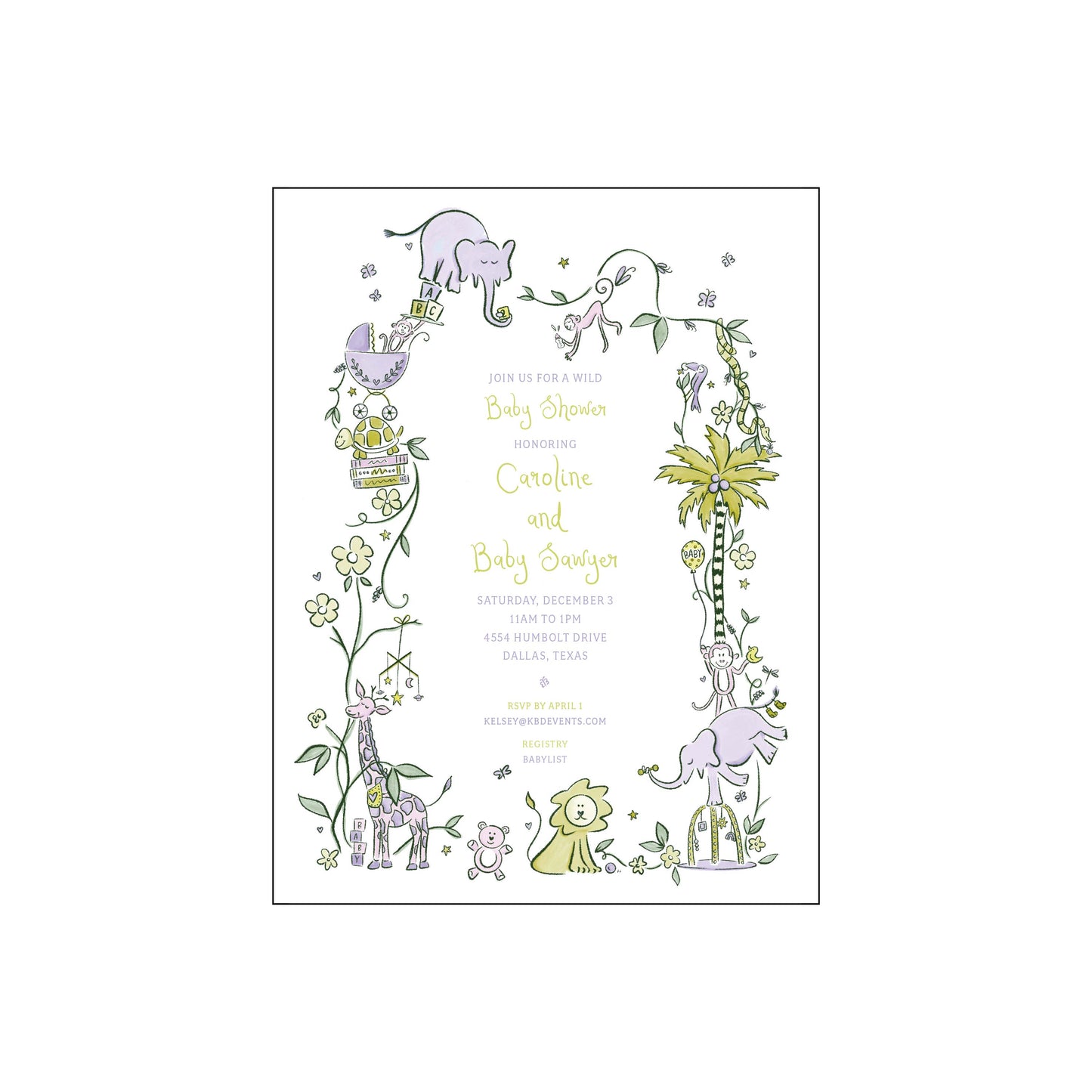 wild about baby | invitation | purple and green