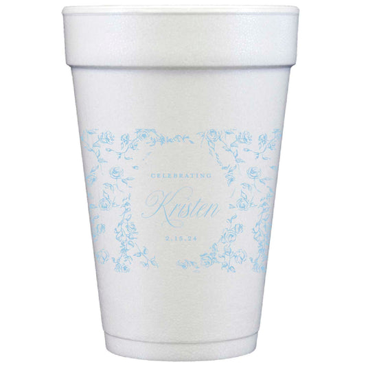 blue and white floral bridal shower | styrofoam cups