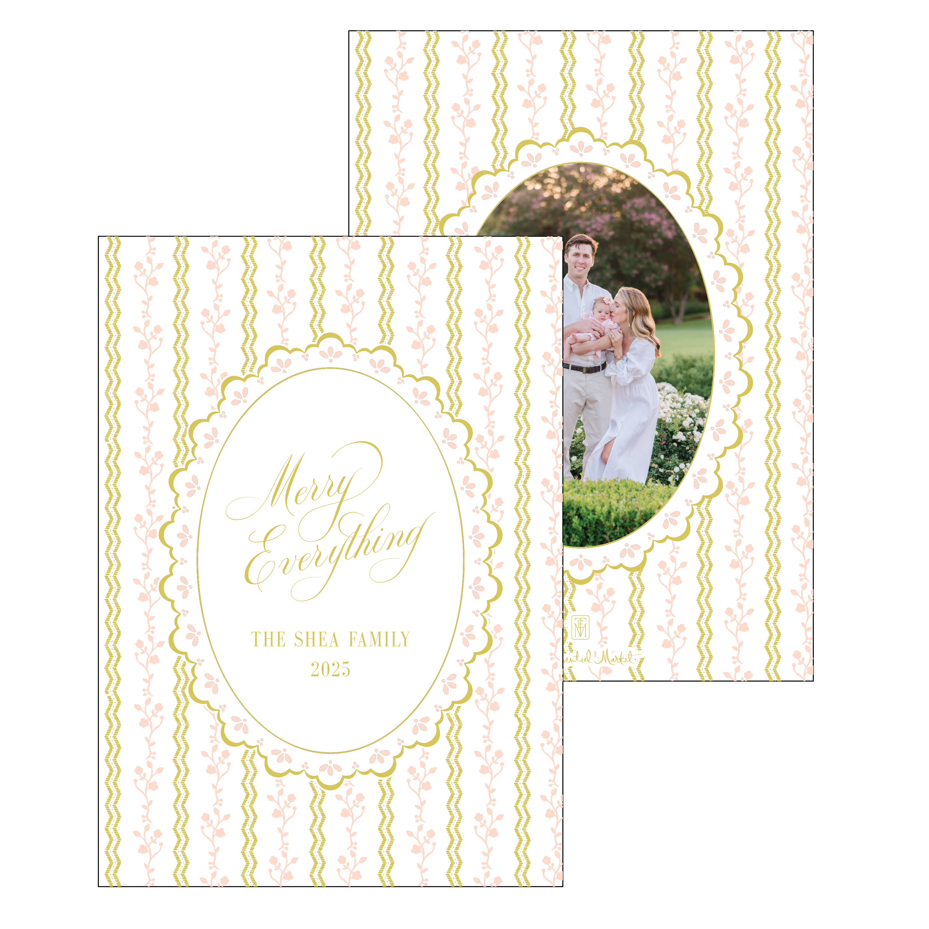 Decorative holiday card with citrine and pink floral border and 'Merry Everything' text, featuring a family photo.