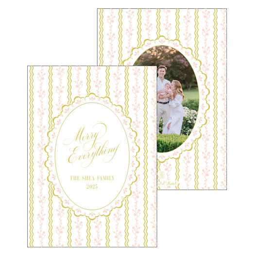 Decorative holiday card with citrine and pink floral border and 'Merry Everything' text, featuring a family photo.