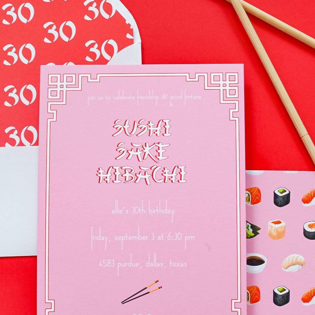 sushi, sake, hibachi pink | invitation