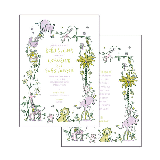 wild about baby | invitation | purple and green