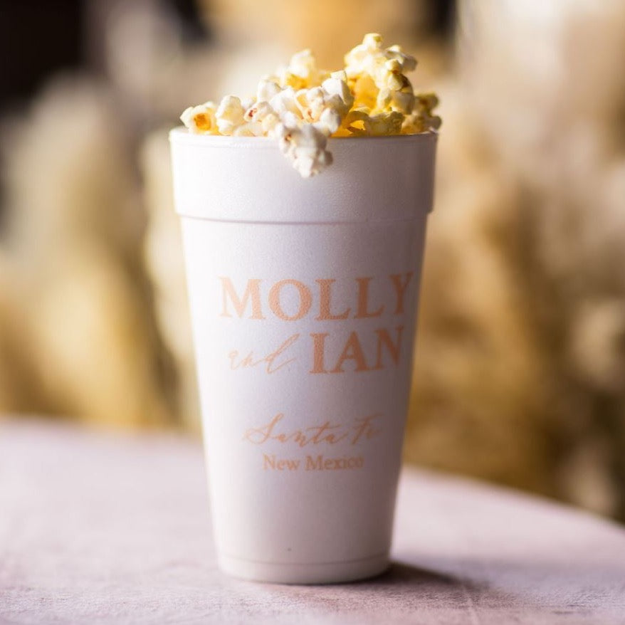 popcorn in personalized styrofoam cups