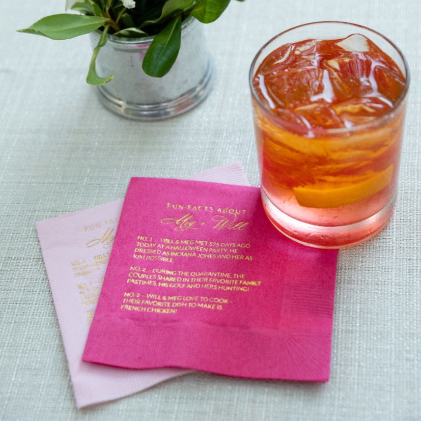 Personalized cocktail napkin with couple fun facts